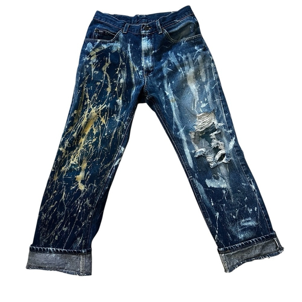 Thrashed Bleach 90s Vintage Lee Jeans 27” High Waisted Bootcut Dark Wash Denim